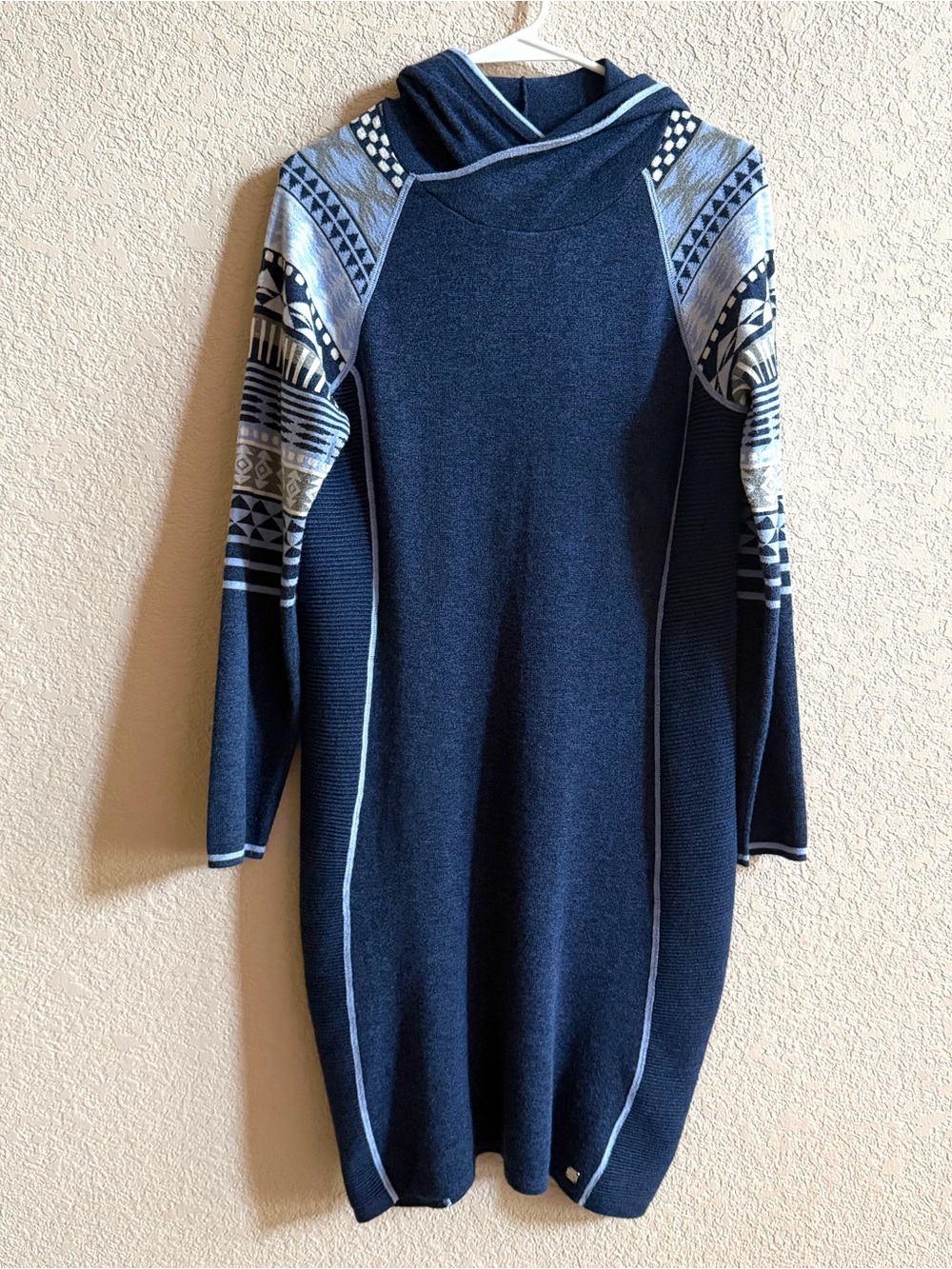 Krimson Klover Mover Maker Sweater Dress Medium Blue Merino Wool Silk Hooded